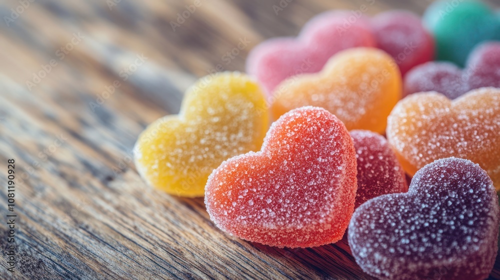 A close-up of colorful heart-shaped candies on a wooden surface. A close-up of colorful heart-shaped candies on a wooden surface.