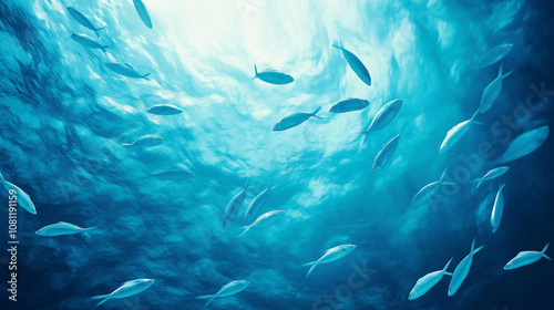 Many small fish swim in deep, light-blue water