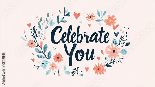 Celebrate You floral illustration with hearts and leaves