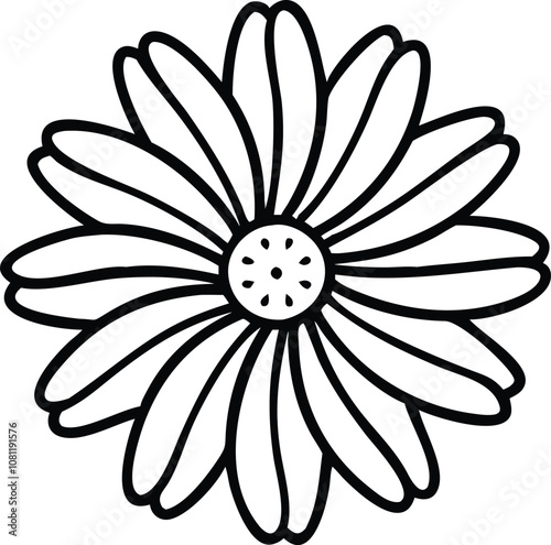 Black outline of a detailed daisy flower, Line art illustration of a daisy flower with numerous long, narrow petals and a dotted central circle, featuring a clean, bold outline.
