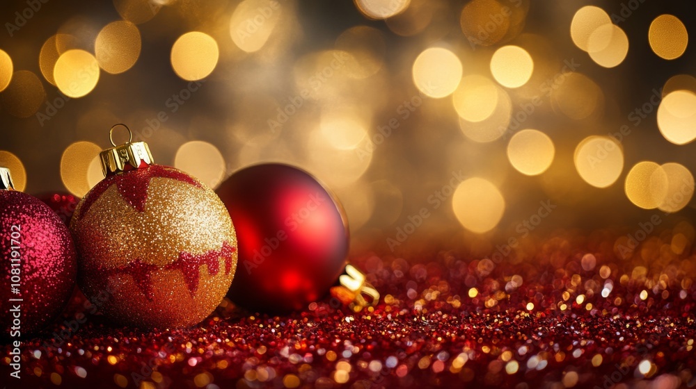 Glittering Red and Gold Christmas Ornaments on Red Glitter Glittering Red and Gold Christmas Ornaments on Red Glitter