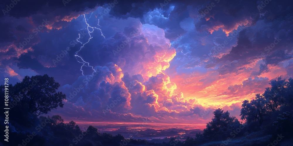 A Vibrant Sunset With Dramatic Lightning Illuminating Clouds Above a Serene Landscape, Captured During the Evening at a Tranquil Rural Location
