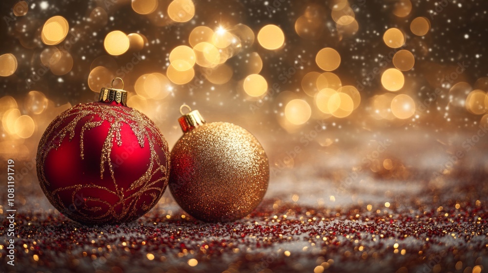 Red and Gold Christmas Ornaments with a Sparkling Background Red and Gold Christmas Ornaments with a Sparkling Background