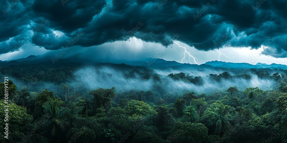 Fototapeta premium Dramatic Thunderstorm Approaching Over Lush Green Rainforest With Lightning Illuminating the Dark Clouds in the Distance During Late Afternoon