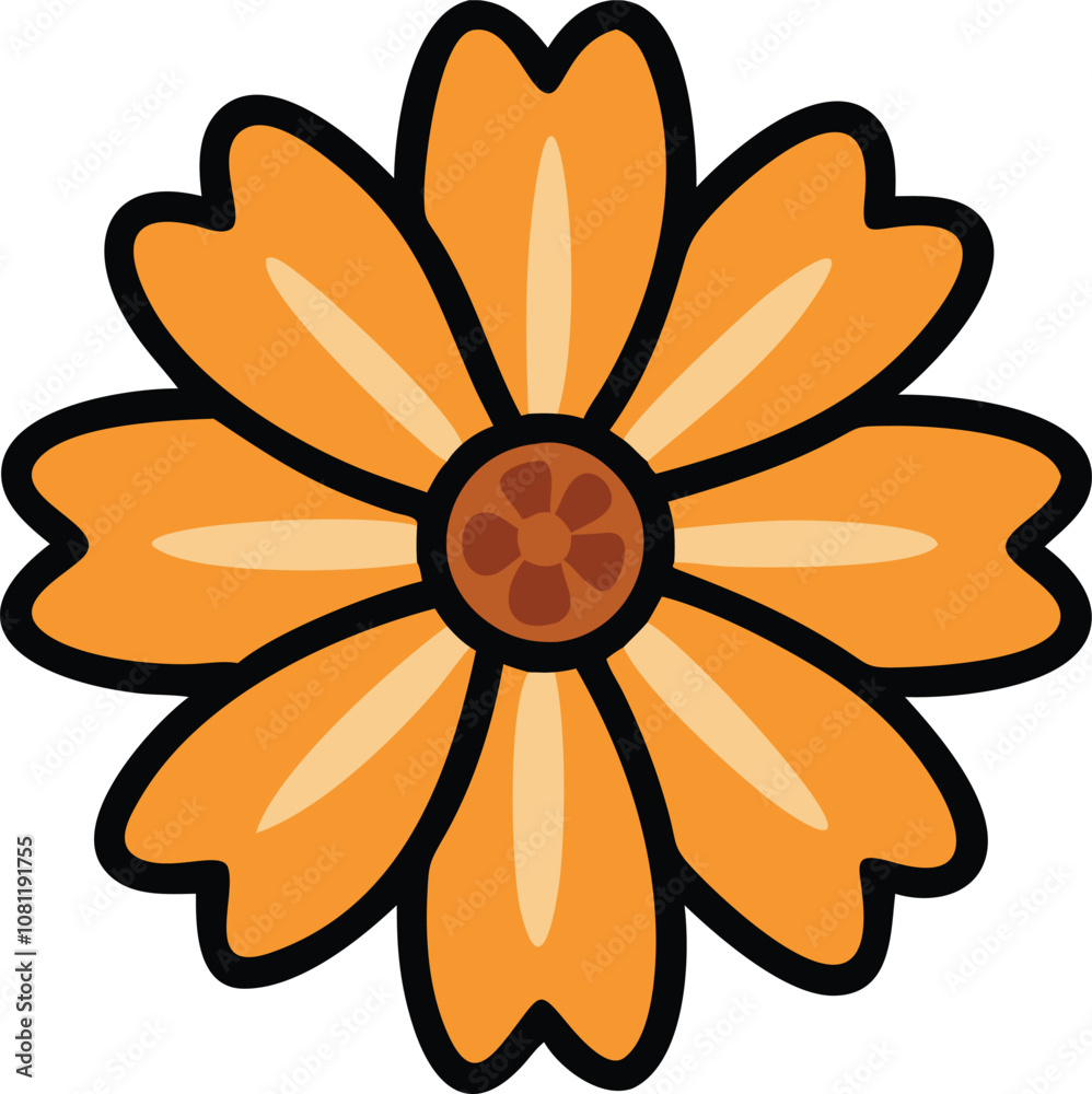 Orange flower illustration with bold outline, Bright vector illustration of an orange flower with layered petals and a bold black outline, featuring a simple, cheerful design.
