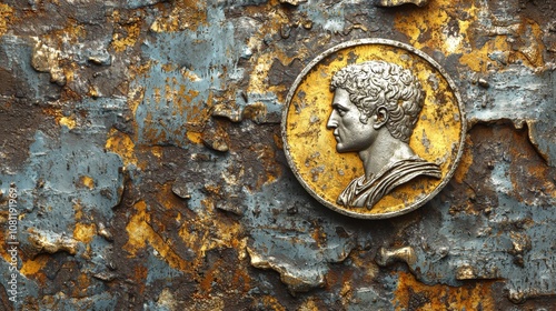 A classically relief-driven antique coin set against a golden background with textured patterns photo