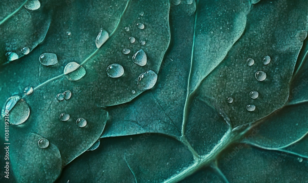 Fototapeta premium Microscopic View of Glistening Water Droplets on Fresh Green Leaves