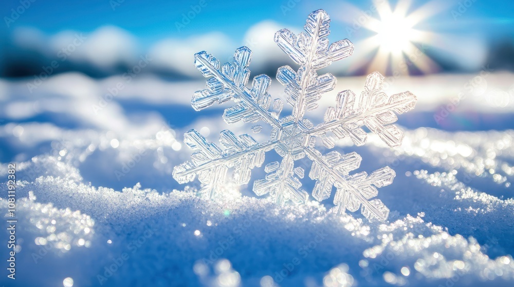 A close up of an intricate snowflake on fresh, glistening white snow with the sun shining brightly in the background A close up of an intricate snowflake on fresh, glistening white snow with the sun shining brightly in the background
