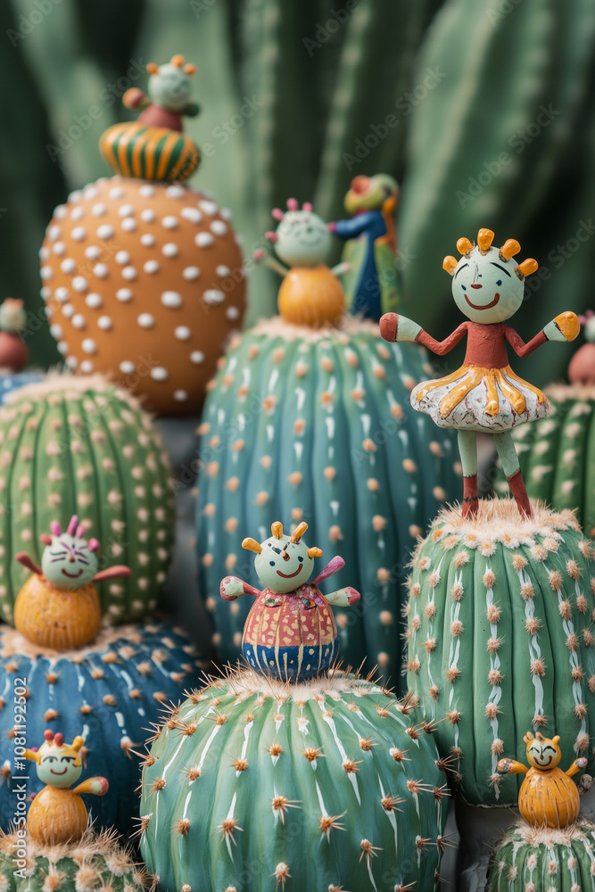 Cute clay figurines on top of cactus plants Cute clay figurines on top of cactus plants
