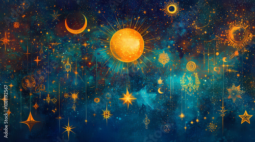 Astrology-inspired background with vivid stars and mystical symbols, leaving room for copy space to highlight the enigma of star prophecy. Enigma. Illustration photo