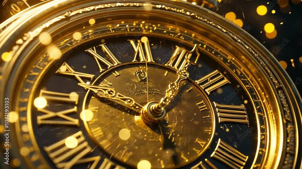 Golden Clock Face with Sparkling Particles - Time Flies