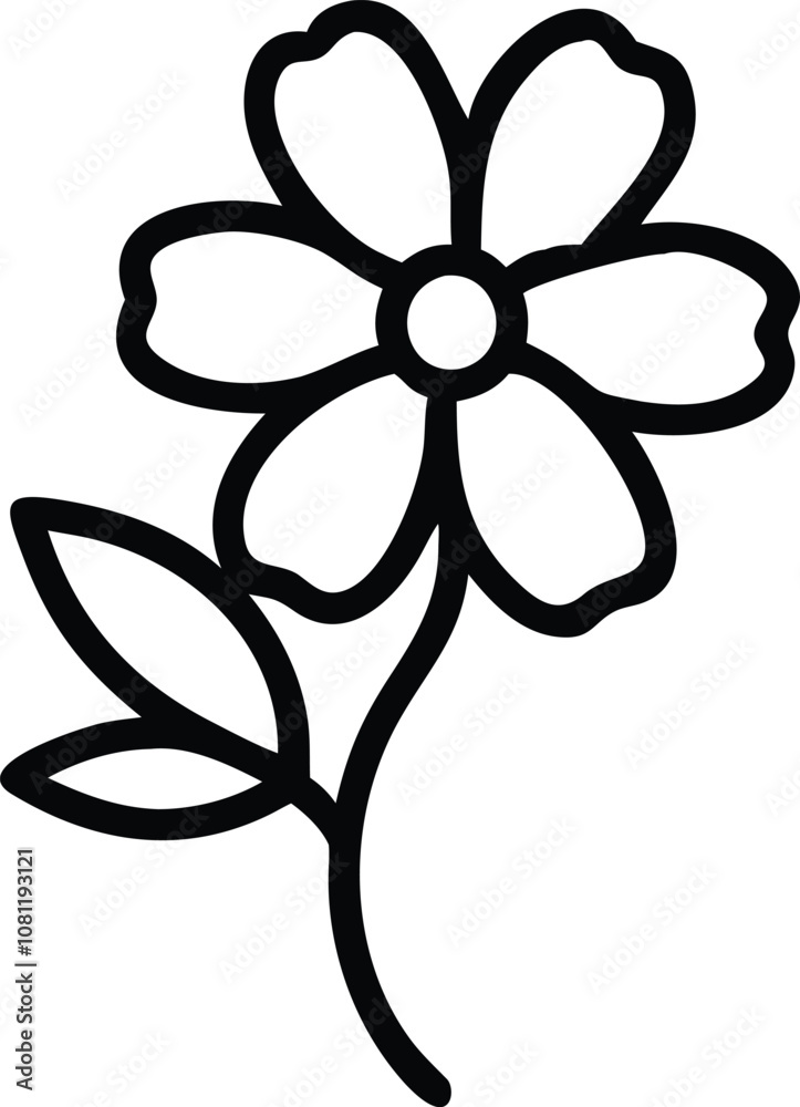 Simple Flower Outline with Leaves, Black and white outline illustration of a flower with five rounded petals, a central dot, and two leaves on a curved stem, showcasing a minimalistic design.
Simple Flower Outline with Leaves, Black and white outline illustration of a flower with five rounded petals, a central dot, and two leaves on a curved stem, showcasing a minimalistic design.