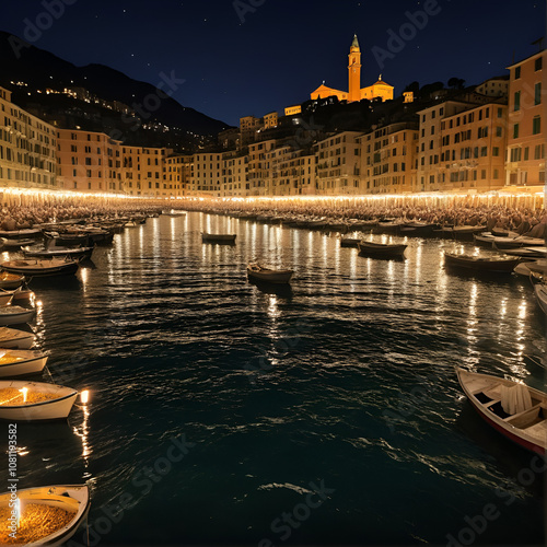 Stella Maris traditional celebration. During the night when thousands of tiny lit candles are left on the water from the boats or from the beach in Camogli, Genoa (Genova) province, Italy. photo