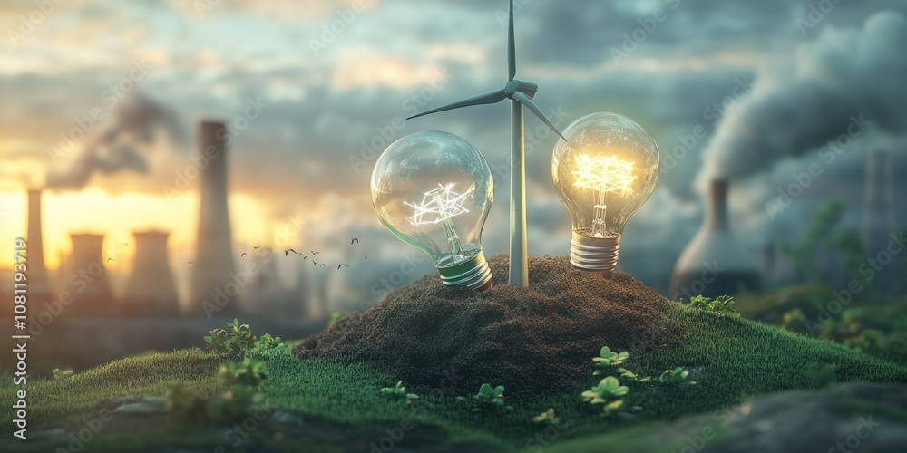 custom made wallpaper toronto digitalA wind turbine and lightbulbs illuminate a small patch of green grass against a backdrop of an industrial skyline, symbolizing renewable energy and a cleaner future.