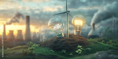 Wallpaper Mural A wind turbine and lightbulbs illuminate a small patch of green grass against a backdrop of an industrial skyline, symbolizing renewable energy and a cleaner future. Torontodigital.ca