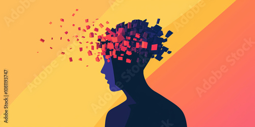 Colourful image of head disintegrating into pixel particles
