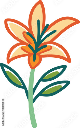 Orange and Yellow Lily Flower with Leaves, Illustration of an orange and yellow lily flower with pointed petals, green leaves, and a slender stem, showcasing a vibrant and cheerful design.
