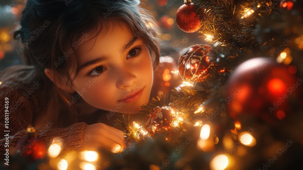 Christmas Eve Magic: A child's enchanting gaze, illuminated by the warm glow of Christmas lights on a decorated tree, captures the wonder and excitement of the holiday season. Christmas Eve Magic: A child's enchanting gaze, illuminated by the warm glow of Christmas lights on a decorated tree, captures the wonder and excitement of the holiday season.