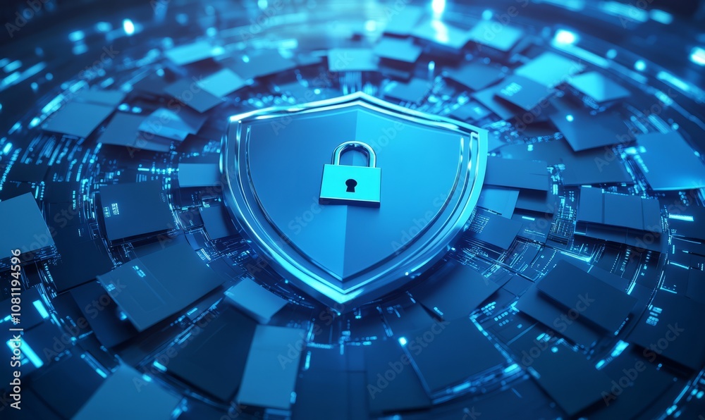 Image of security and data protection concept with shield, padlocks, documents, and folders representing cybersecurity and information safety Image of security and data protection concept with shield, padlocks, documents, and folders representing cybersecurity and information safety