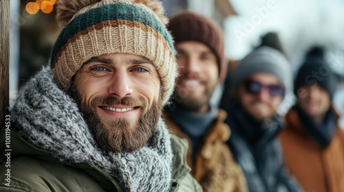 A group of smiling friends gather warmly together outdoors, wearing cozy winter hats and scarves, capturing the essence of camaraderie and seasonal joy.