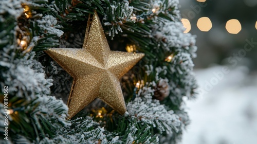 A Glittery Gold Star Ornament Hanging on a Snow-Covered Evergreen Branch