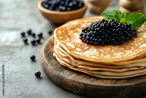 Delicious pancakes with black caviar celebrating Maslenitsa tradition. Horizontal banner. Copy space. Blinis with caviar on a stone background. Top view photo