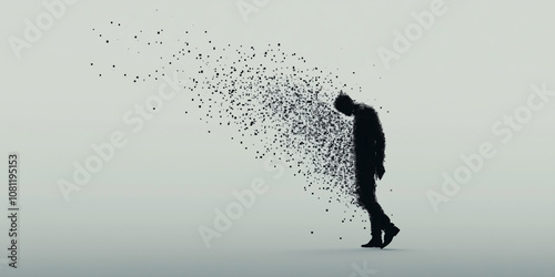 Silhouette of a person disintegrating into pixel particles