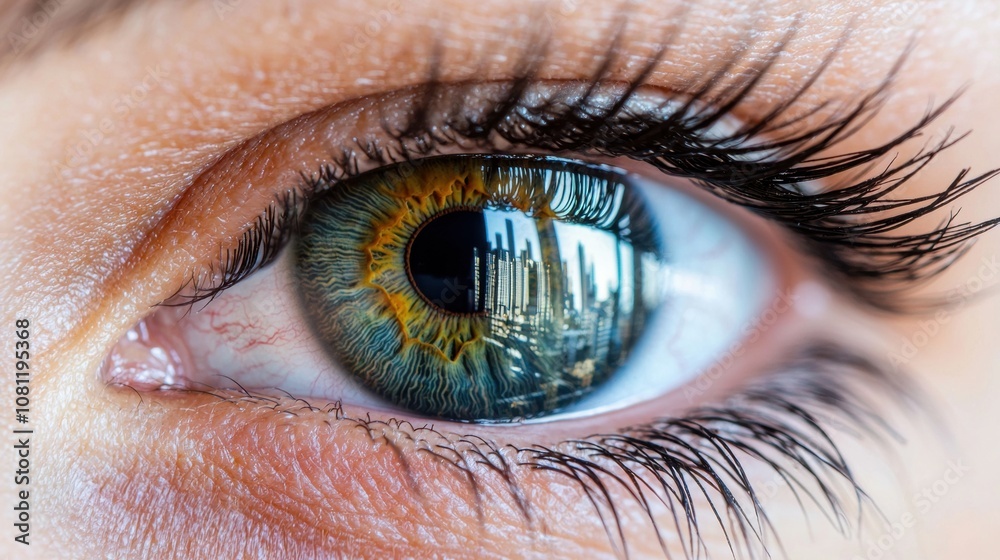 Detailed close-up view of a human eye with city skyline reflection Detailed close-up view of a human eye with city skyline reflection