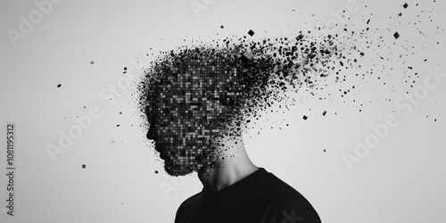 Silhouette of a person disintegrating into pixel particles