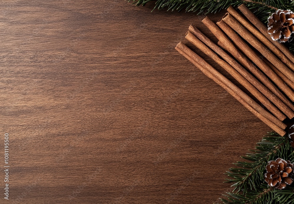 Cozy Christmas background with cinnamon sticks and pine branches Cozy Christmas background with cinnamon sticks and pine branches