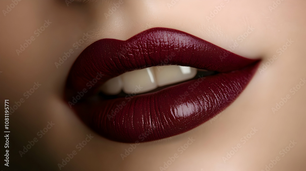 Close-up of Lips with Deep Burgundy Lipstick, red lipstick, makeup, cosmetics, beauty, macro