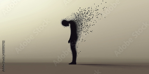 Silhouette of a person disintegrating into pixel particles