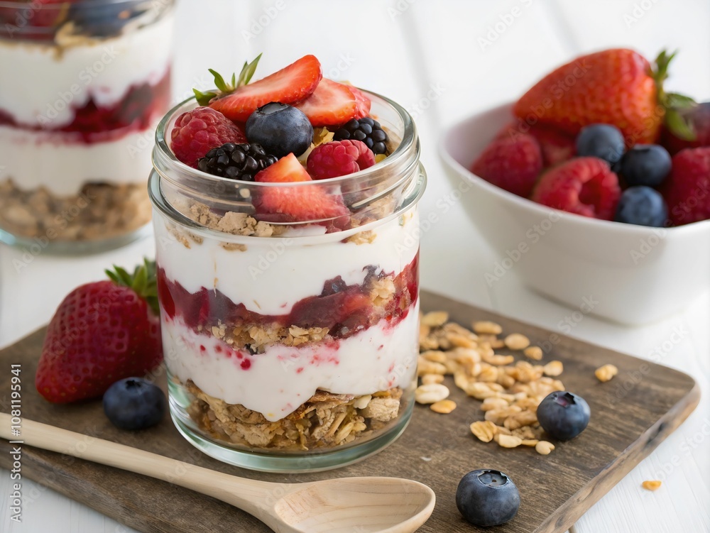 Layers of creamy yogurt, sweet berries, and crunchy granola, a vibrant breakfast delight. Layers of creamy yogurt, sweet berries, and crunchy granola, a vibrant breakfast delight.