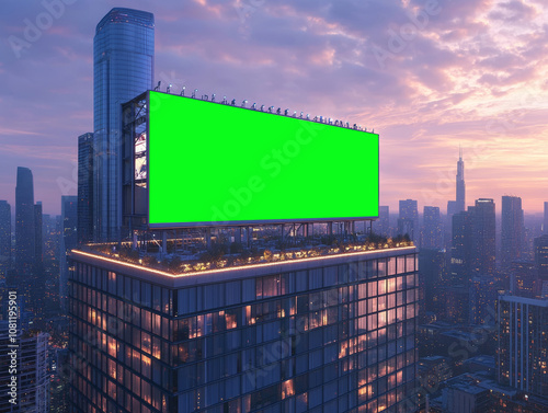 Blank billboard on rooftop with green screen