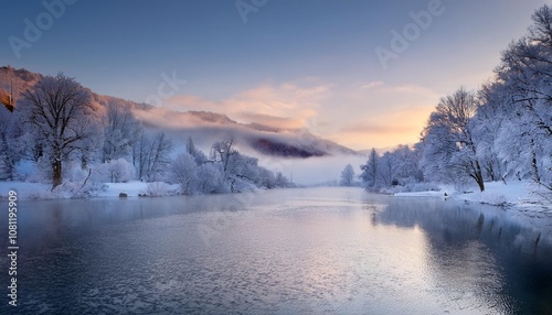 Calm Lake Nestled in a Snowy Valley, With Ice-Covered Trees Lining the Shores and a Low-Hanging Fog Over the Water, Creating a Serene Winter Scene Under a Soft Gray Sky