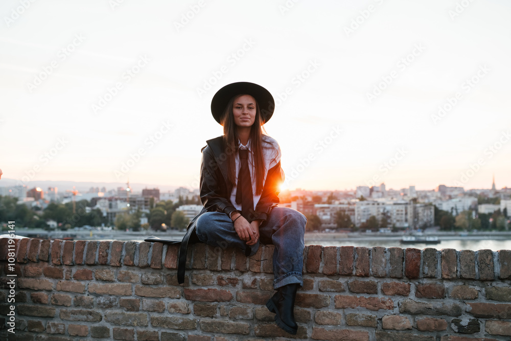 Fototapeta premium Young stylish woman enjoying sunset over city skyline from brick wall