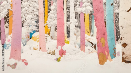 Colorful trees stand vibrantly in a snowy forest, creating a whimsical winter wonderland, AI photo