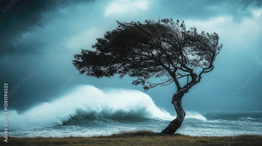 Resilient tree withstanding powerful ocean waves during storm Resilient tree withstanding powerful ocean waves during storm