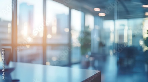 A Blurred View of a Modern Office with Large Windows