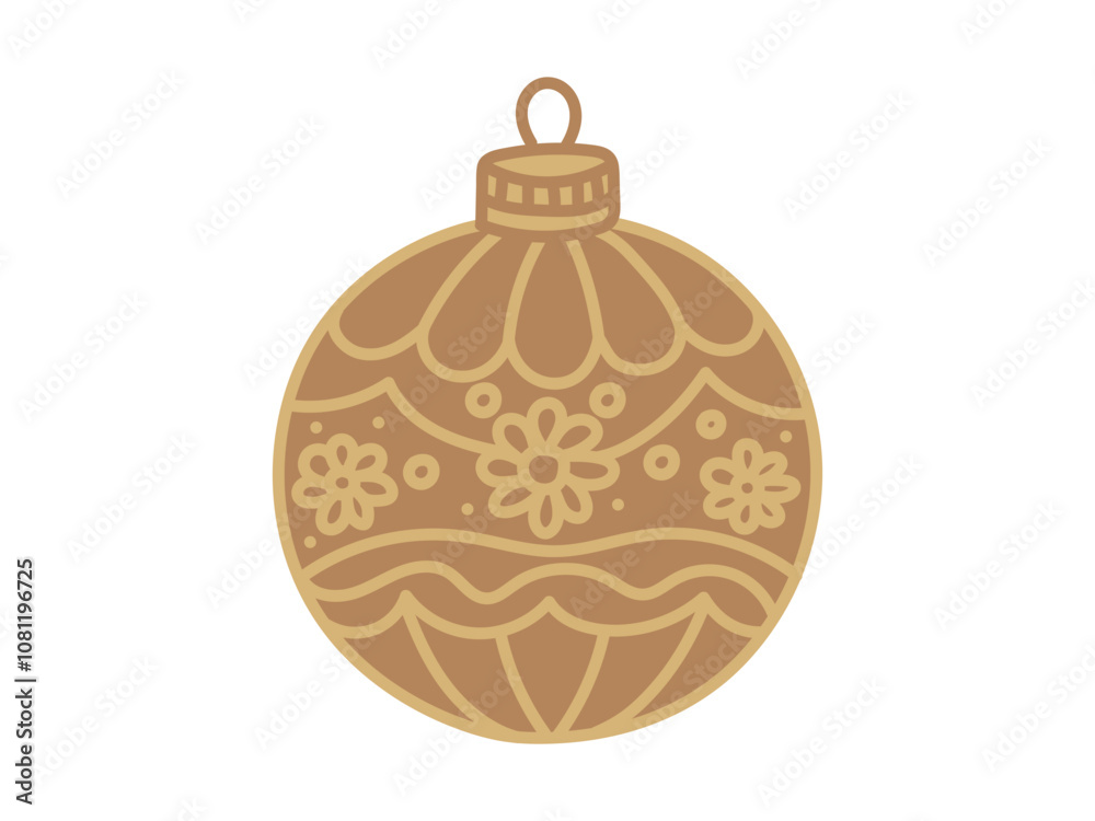 Gold Christmas ball with intricate pattern isolated on white background. Concept of holiday decoration, festive winter design, traditional Christmas ornament, minimalist style, vintage style, print Gold Christmas ball with intricate pattern isolated on white background. Concept of holiday decoration, festive winter design, traditional Christmas ornament, minimalist style, vintage style, print