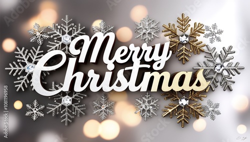 Merry Christmas Elegant Holiday Design with Glittery Snowflakes & Cozy Bokeh Background