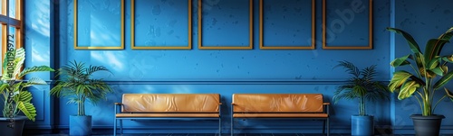 Chairs in a blue room with plants, waiting room photo