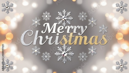 Elegant 'Merry Christmas' Design with Glittering Silver and Gold Text and Snowflakes