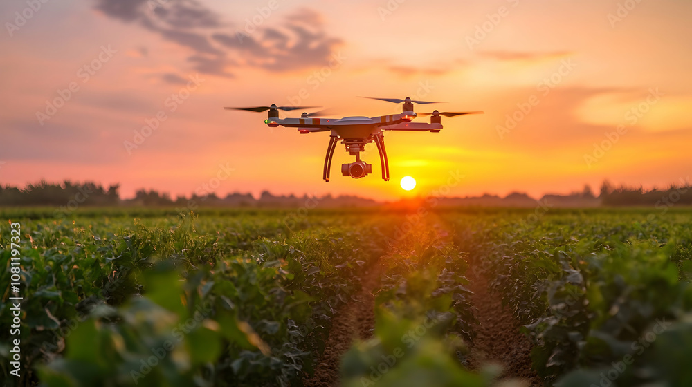 Drone Flying Over Agricultural Field at Sunset, agricultural drone, quadcopter, UAV, unmanned aerial vehicle, farming Drone Flying Over Agricultural Field at Sunset, agricultural drone, quadcopter, UAV, unmanned aerial vehicle, farming
