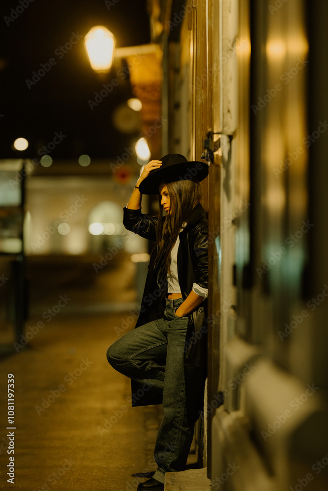 Stylish woman wearing hat and leather jacket leaning against wall at night Stylish woman wearing hat and leather jacket leaning against wall at night