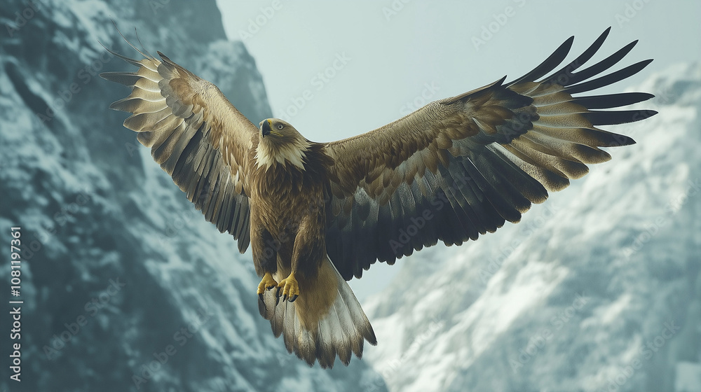 Obraz premium large eagle is in flight, wings spread wide, near snowy mountain peaks