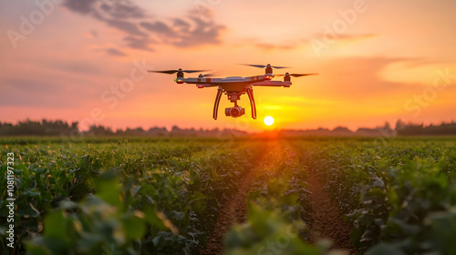 Drone Flying Over Agricultural Field at Sunset, agricultural drone, quadcopter, UAV, unmanned aerial vehicle, farming photo