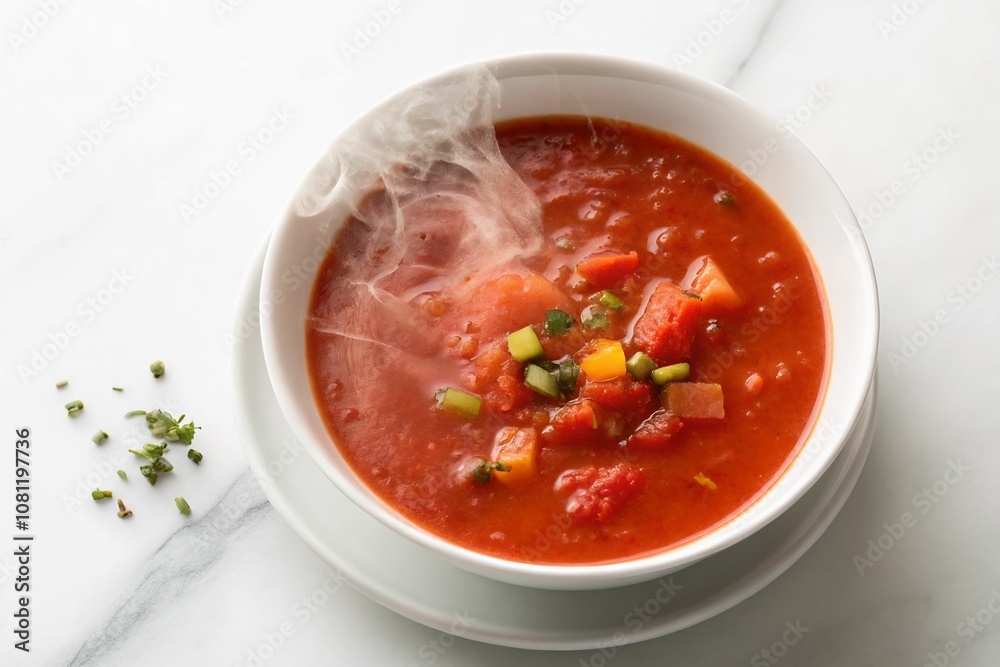 A vibrant bowl of tomato soup, steaming with a wispy cloud of heat.