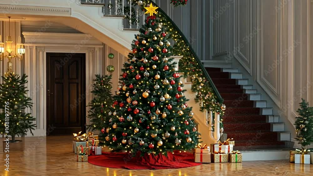 Ornate Christmas Tree Decorated with Gold and Red Ornaments
