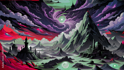 Surreal fantasy landscape with mountains and swirling sky